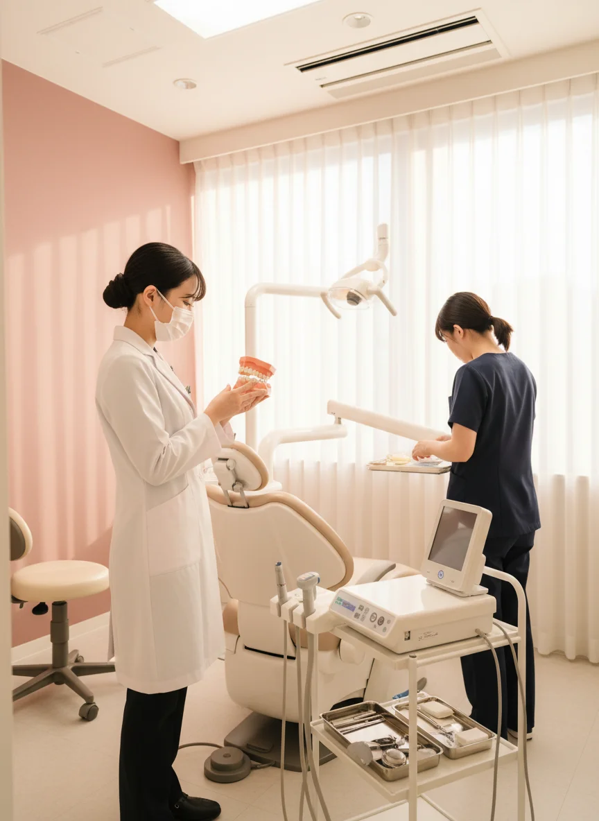 白衣を着た女性歯科医師が診療室で患者用資料を確認している様子